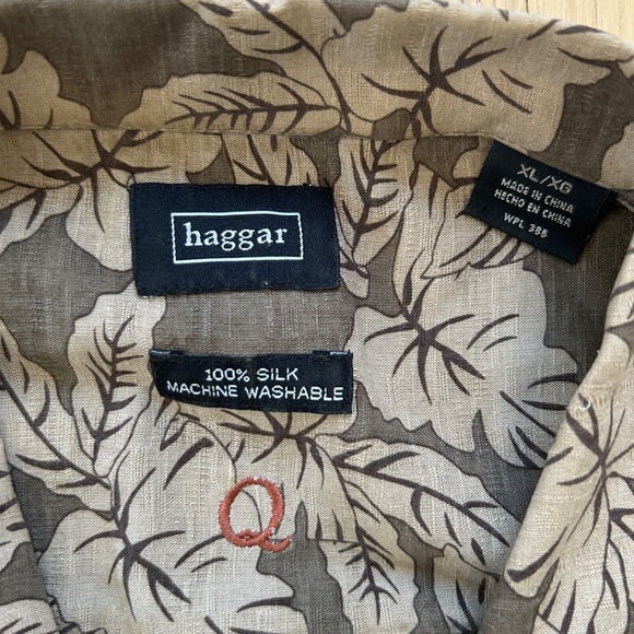 Haggar 100% Silk Hawaiian Shirt Mens XL Brown Palm Tree Floral Button Up - Picture 2 of 8